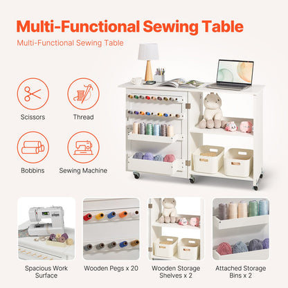 Folding Sewing Table with Lockable Wheels Storage Shelves Trays Door White - Image 2
