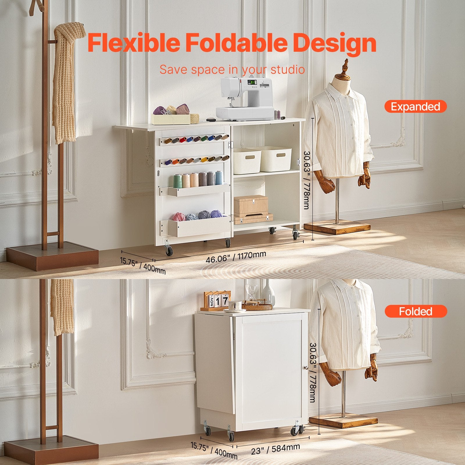 Folding Sewing Table with Lockable Wheels Storage Shelves Trays Door White - Image 3