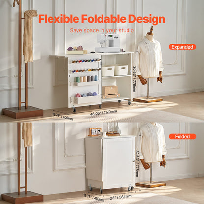 Folding Sewing Table with Lockable Wheels Storage Shelves Trays Door White - Image 3