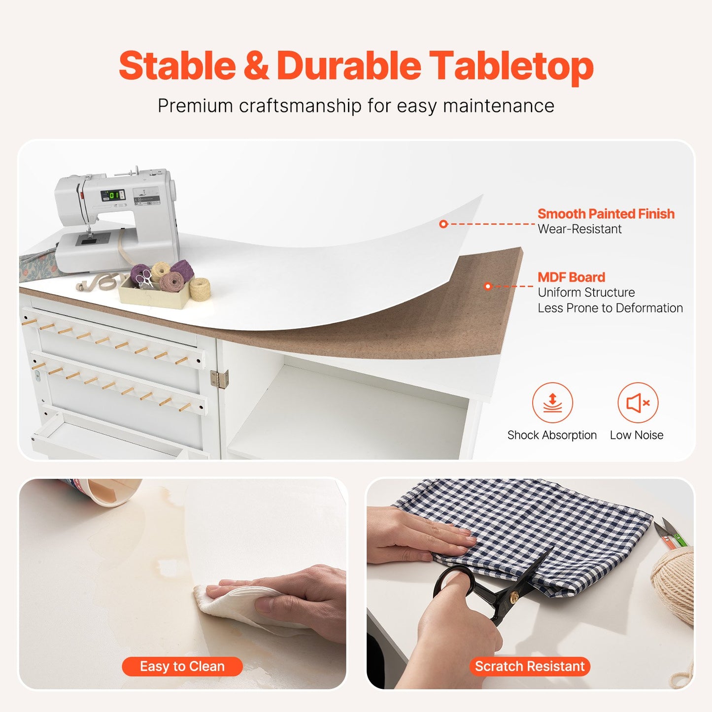Folding Sewing Table with Lockable Wheels Storage Shelves Trays Door White - Image 5
