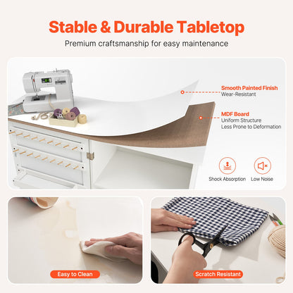 Folding Sewing Table with Lockable Wheels Storage Shelves Trays Door White - Image 5