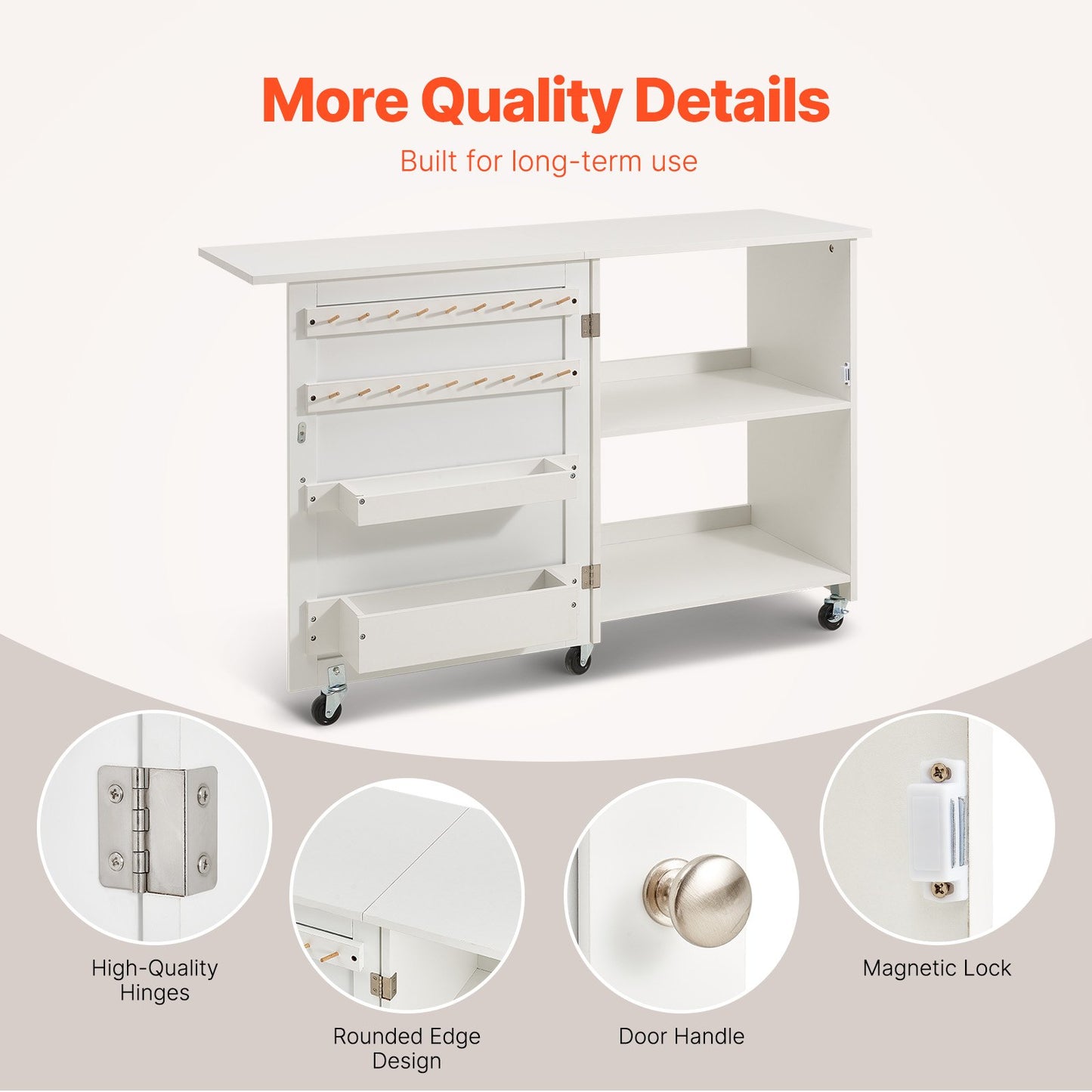 Folding Sewing Table with Lockable Wheels Storage Shelves Trays Door White - Image 6