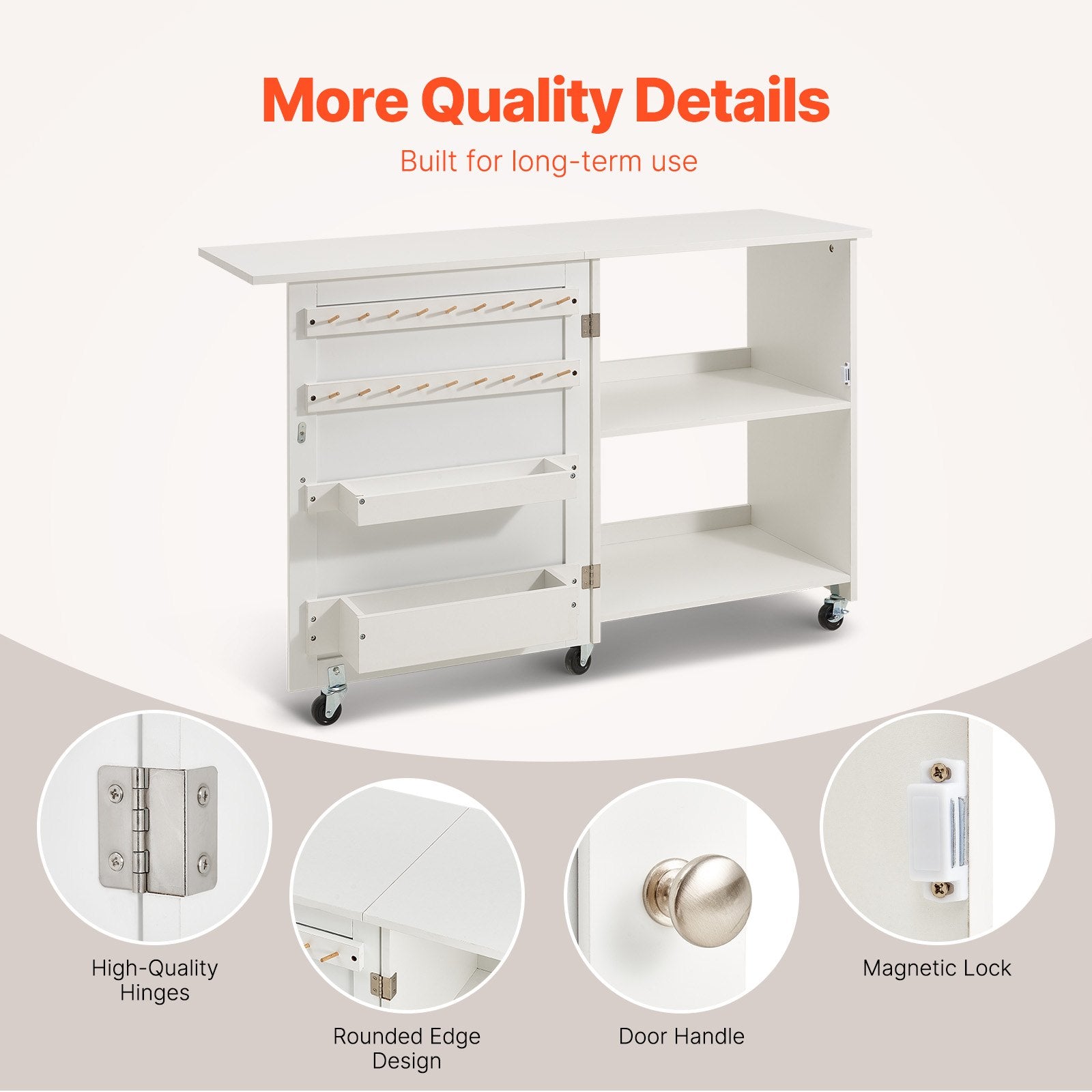 Folding Sewing Table with Lockable Wheels Storage Shelves Trays Door White - Image 6