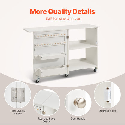 Folding Sewing Table with Lockable Wheels Storage Shelves Trays Door White - Image 6
