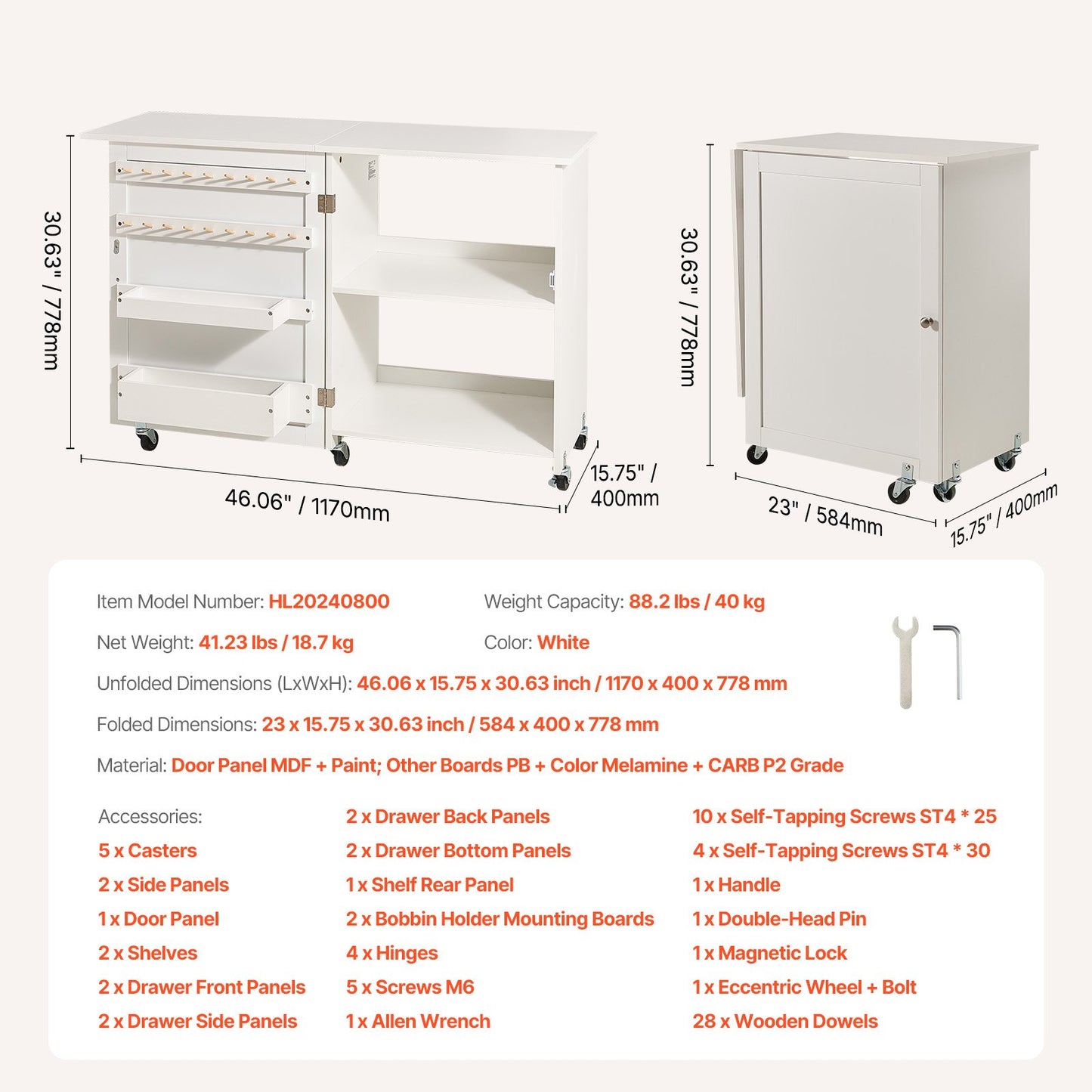 Folding Sewing Table with Lockable Wheels Storage Shelves Trays Door White - Image 7