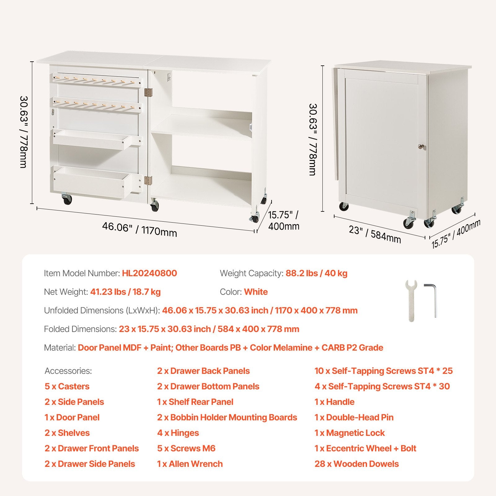 Folding Sewing Table with Lockable Wheels Storage Shelves Trays Door White - Image 7