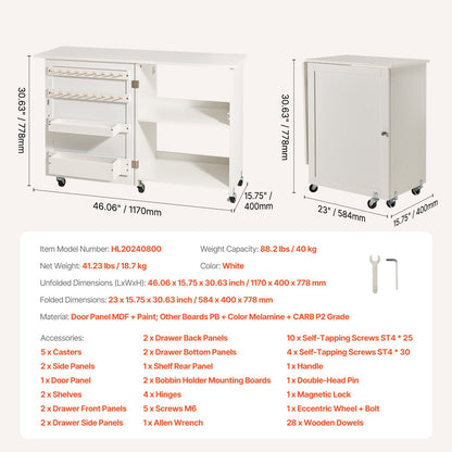 Folding Sewing Table with Lockable Wheels Storage Shelves Trays Door White - Image 7