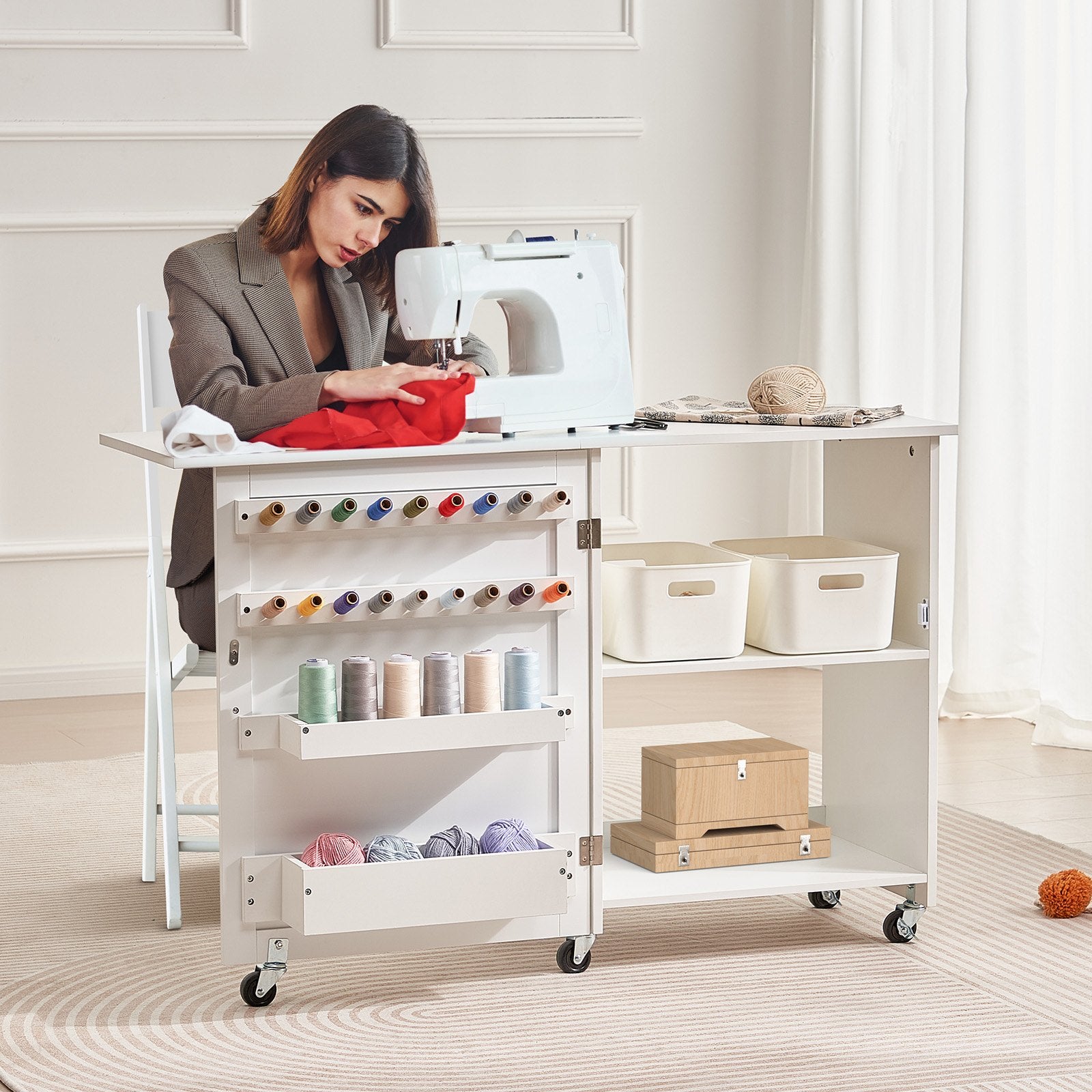 Folding Sewing Table with Lockable Wheels Storage Shelves Trays Door White - Image 8