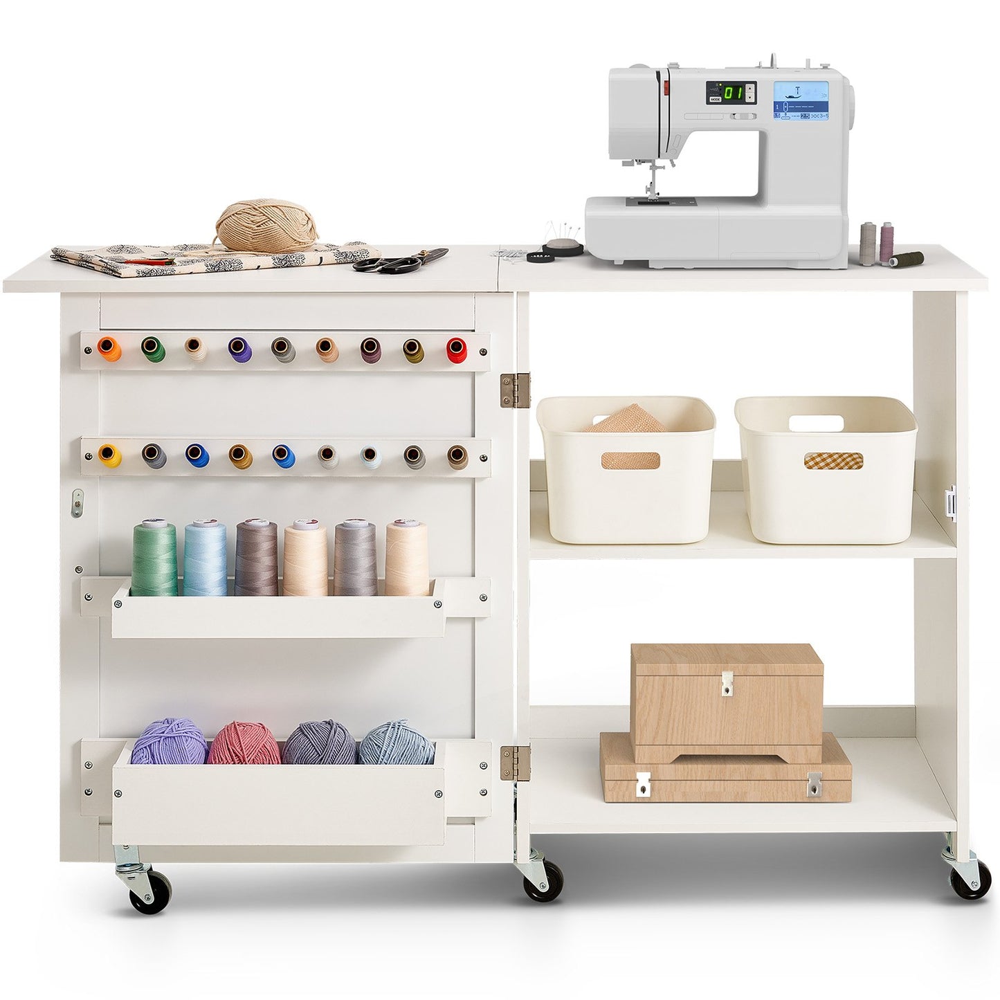 Folding Sewing Table with Lockable Wheels Storage Shelves Trays Door White - Image 9