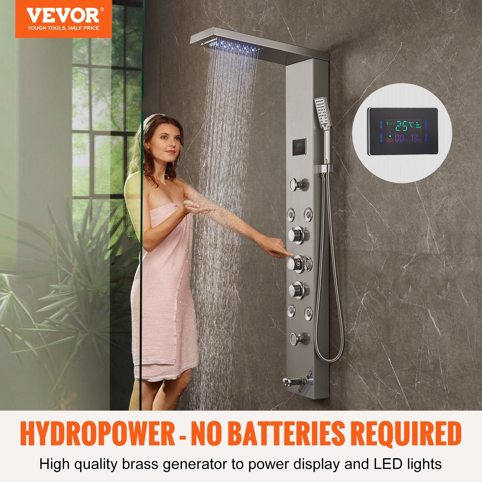 Shower Panel System, 6 Shower Modes, LED & Screen Hydroelectricity Shower Panel Tower, Rainfall, Waterfall, 8 Massage Jets, Tub Spout, Handheld Shower, Stainless Steel Wall-Mounted Shower Set - Image 2