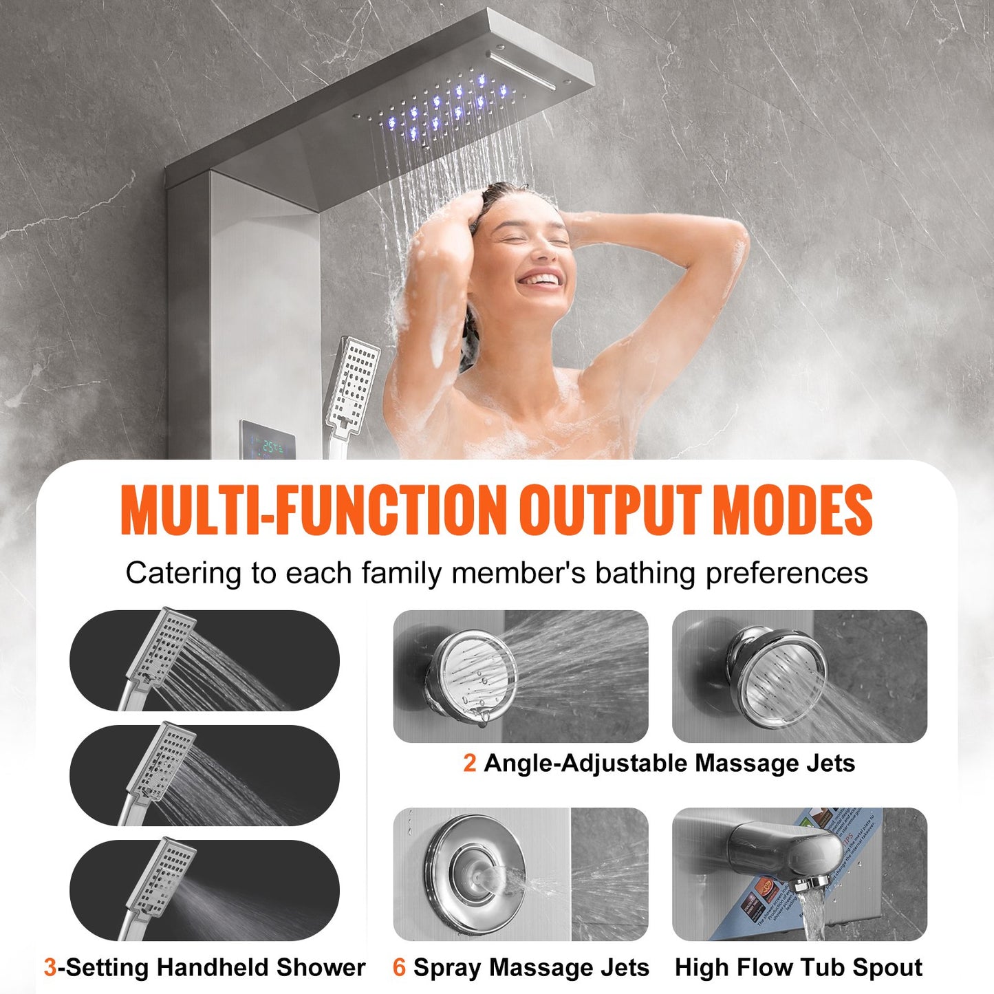 Shower Panel System, 6 Shower Modes, LED & Screen Hydroelectricity Shower Panel Tower, Rainfall, Waterfall, 8 Massage Jets, Tub Spout, Handheld Shower, Stainless Steel Wall-Mounted Shower Set - Image 4
