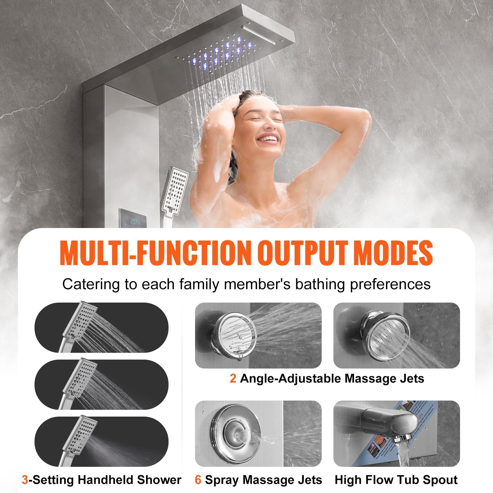 Shower Panel System, 6 Shower Modes, LED & Screen Hydroelectricity Shower Panel Tower, Rainfall, Waterfall, 8 Massage Jets, Tub Spout, Handheld Shower, Stainless Steel Wall-Mounted Shower Set - Image 4