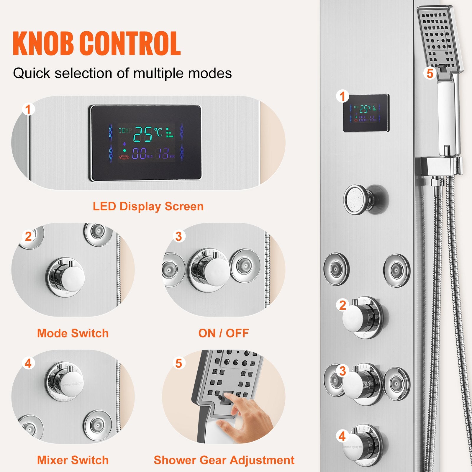Shower Panel System, 6 Shower Modes, LED & Screen Hydroelectricity Shower Panel Tower, Rainfall, Waterfall, 8 Massage Jets, Tub Spout, Handheld Shower, Stainless Steel Wall-Mounted Shower Set - Image 5