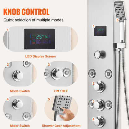 Shower Panel System, 6 Shower Modes, LED & Screen Hydroelectricity Shower Panel Tower, Rainfall, Waterfall, 8 Massage Jets, Tub Spout, Handheld Shower, Stainless Steel Wall-Mounted Shower Set - Image 5