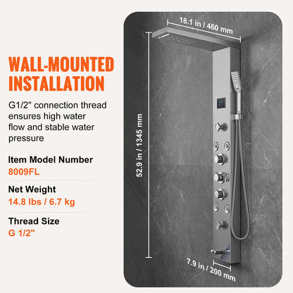 Shower Panel System, 6 Shower Modes, LED & Screen Hydroelectricity Shower Panel Tower, Rainfall, Waterfall, 8 Massage Jets, Tub Spout, Handheld Shower, Stainless Steel Wall-Mounted Shower Set - Image 7