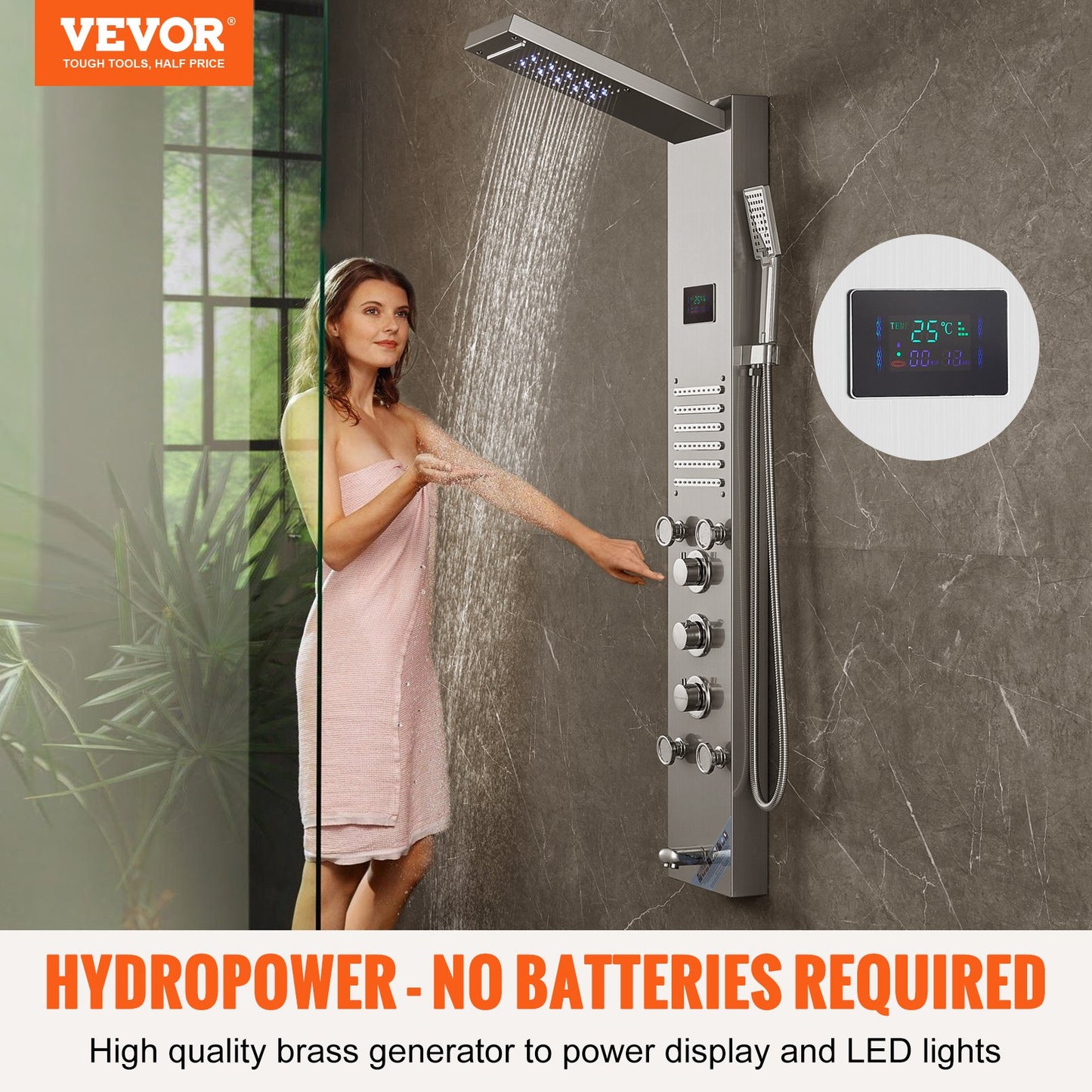 Shower Panel System, 6 Shower Modes, LED & Screen Hydroelectricity Shower Panel Tower, Rainfall, Waterfall, 5 Massage Jets, Tub Spout, Handheld Shower, Stainless Steel Wall-Mounted Shower Set - Image 2