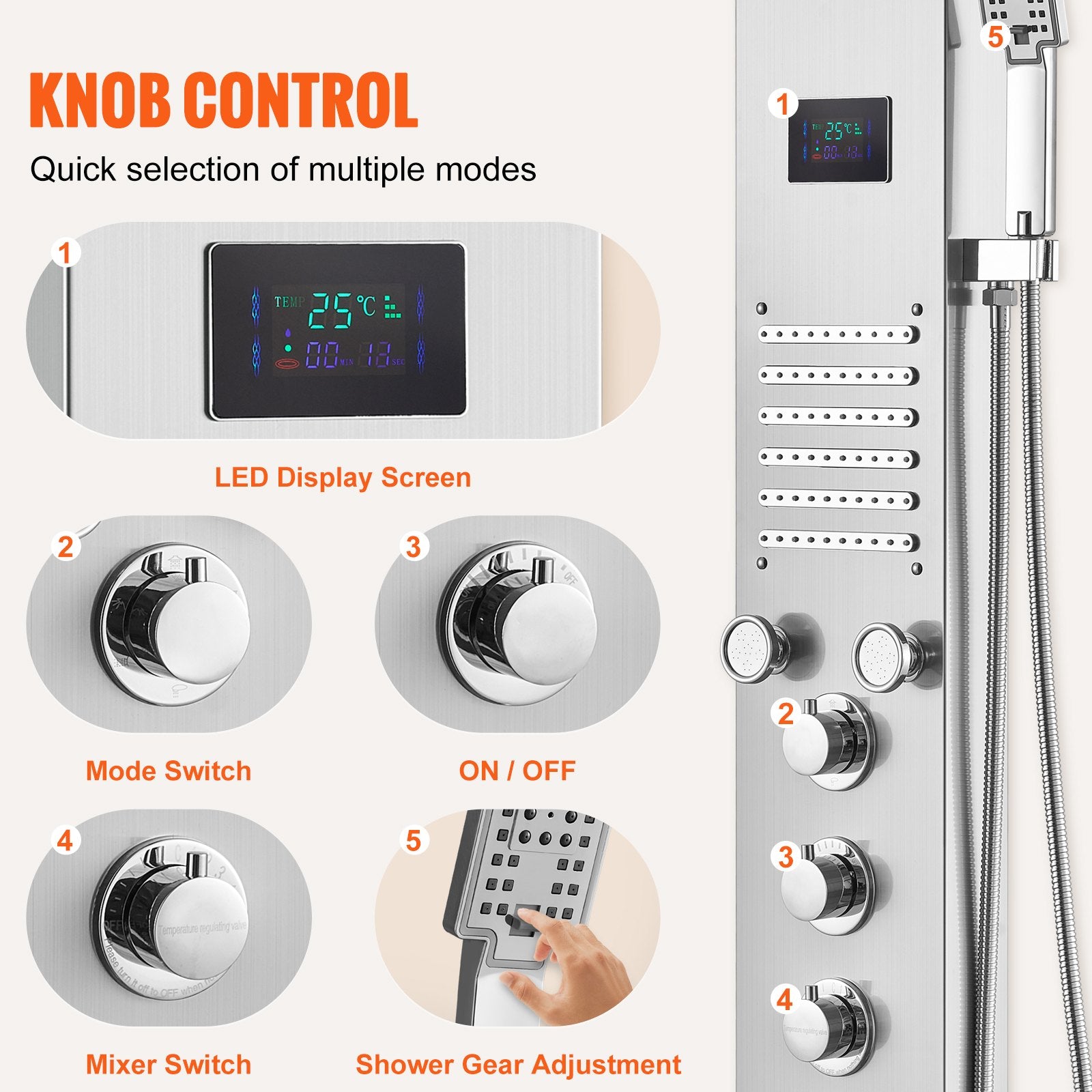 Shower Panel System, 6 Shower Modes, LED & Screen Hydroelectricity Shower Panel Tower, Rainfall, Waterfall, 5 Massage Jets, Tub Spout, Handheld Shower, Stainless Steel Wall-Mounted Shower Set - Image 5