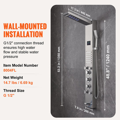 Shower Panel System, 6 Shower Modes, LED & Screen Hydroelectricity Shower Panel Tower, Rainfall, Waterfall, 5 Massage Jets, Tub Spout, Handheld Shower, Stainless Steel Wall-Mounted Shower Set - Image 7