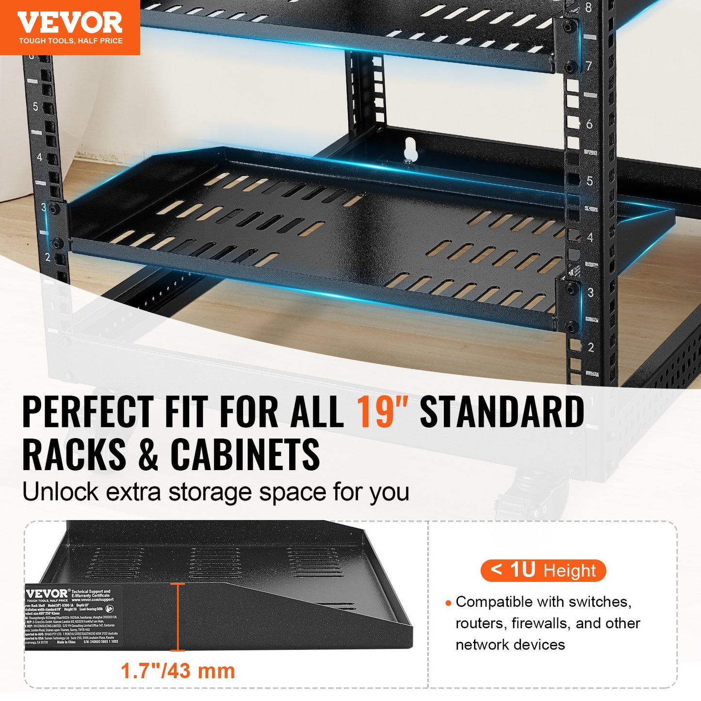2PCS 1U Server Rack Shelf, 254mm Depth, 22.68kg Max Load Capacity Vented Cantilever or Wall Mount Rack Mount Shelf with Tray, Good Air Circulation for 482.6mm Network Cabinet or Equipment Rack - Image 2