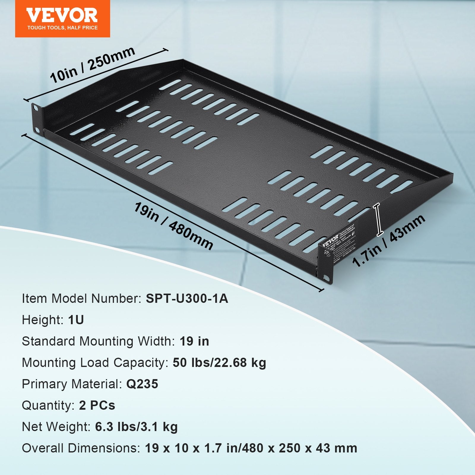 2PCS 1U Server Rack Shelf, 254mm Depth, 22.68kg Max Load Capacity Vented Cantilever or Wall Mount Rack Mount Shelf with Tray, Good Air Circulation for 482.6mm Network Cabinet or Equipment Rack - Image 7