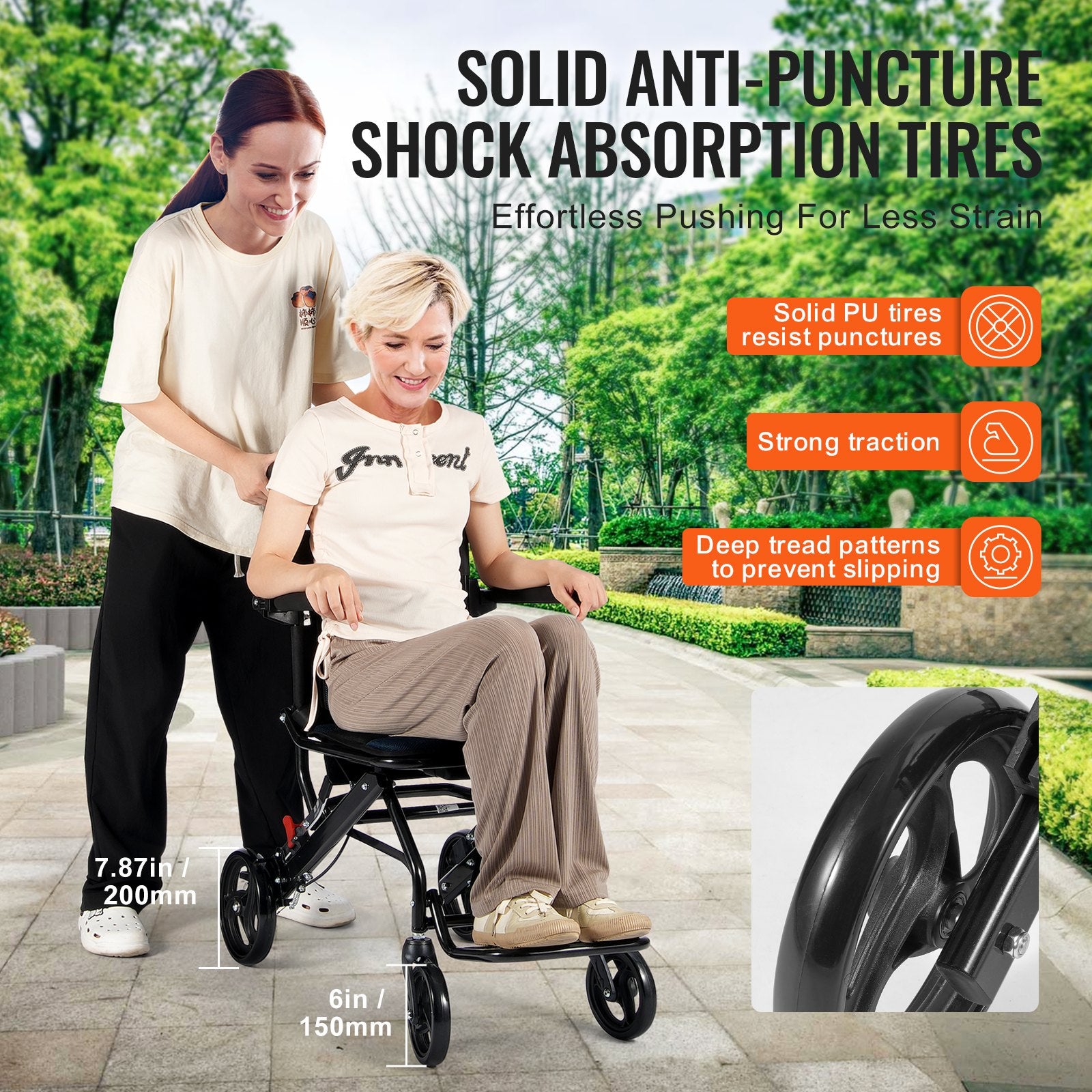 Wheelchair, Aluminum Alloy Ultra-Lightweight Transport Chair for Adults, Foldable Cabin Wheelchair with Flip-Back Desk-Length Arms, Self-locking Brake, 15.75-Inch Wide Seat, 220lbs Load - Image 4