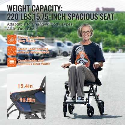 Wheelchair, Aluminum Alloy Ultra-Lightweight Transport Chair for Adults, Foldable Cabin Wheelchair with Flip-Back Desk-Length Arms, Self-locking Brake, 15.75-Inch Wide Seat, 220lbs Load - Image 5