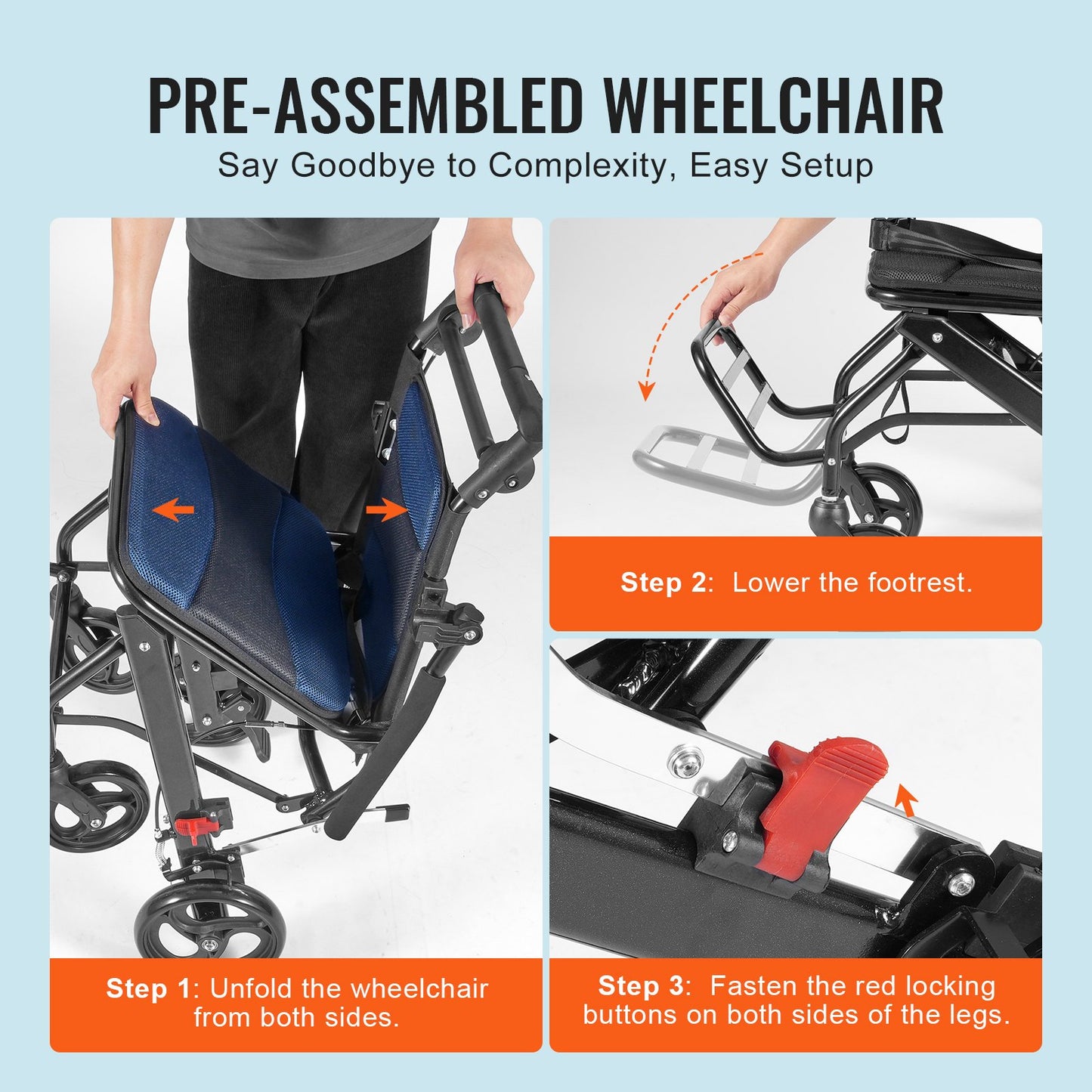 Wheelchair, Aluminum Alloy Ultra-Lightweight Transport Chair for Adults, Foldable Cabin Wheelchair with Flip-Back Desk-Length Arms, Self-locking Brake, 15.75-Inch Wide Seat, 220lbs Load - Image 6