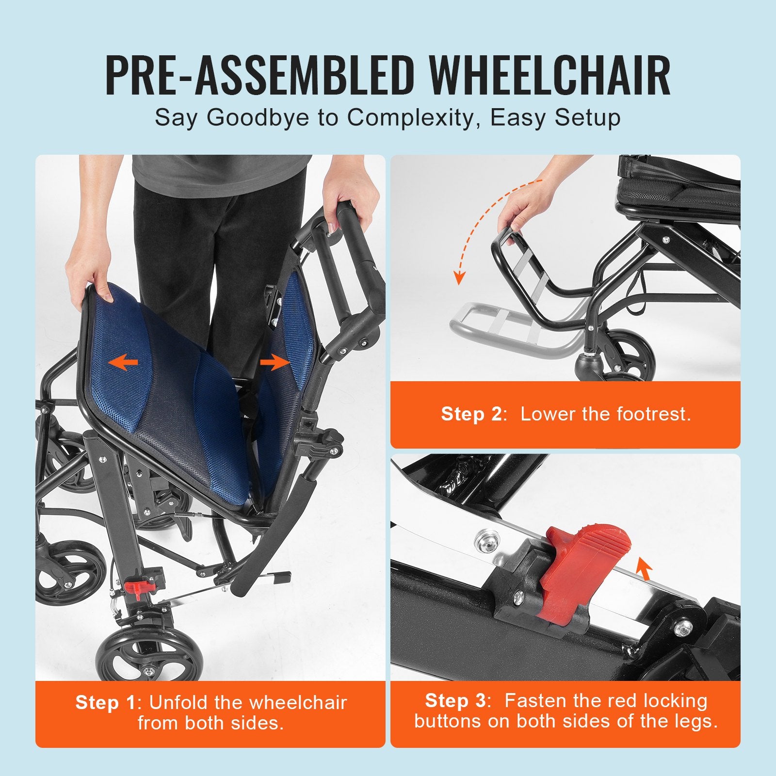 Wheelchair, Aluminum Alloy Ultra-Lightweight Transport Chair for Adults, Foldable Cabin Wheelchair with Flip-Back Desk-Length Arms, Self-locking Brake, 15.75-Inch Wide Seat, 220lbs Load - Image 6