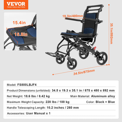 Wheelchair, Aluminum Alloy Ultra-Lightweight Transport Chair for Adults, Foldable Cabin Wheelchair with Flip-Back Desk-Length Arms, Self-locking Brake, 15.75-Inch Wide Seat, 220lbs Load - Image 7