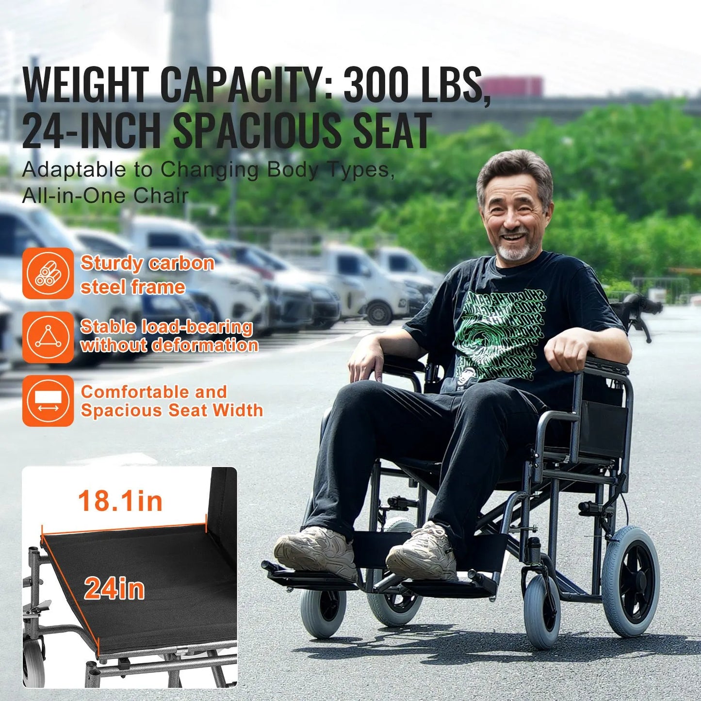 Wheelchair Steel Transport Chair Foldable Wheelchair 24-In W Seat 300lbs - Image 2