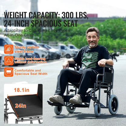 Wheelchair Steel Transport Chair Foldable Wheelchair 24-In W Seat 300lbs - Image 2