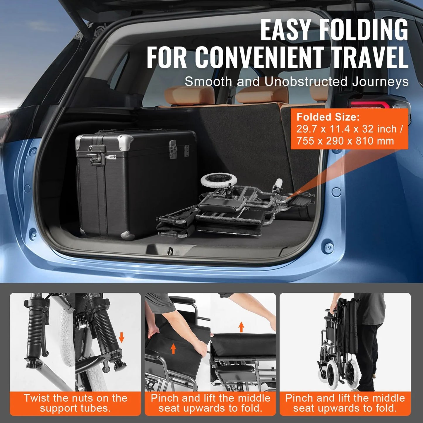 Wheelchair Steel Transport Chair Foldable Wheelchair 24-In W Seat 300lbs - Image 5
