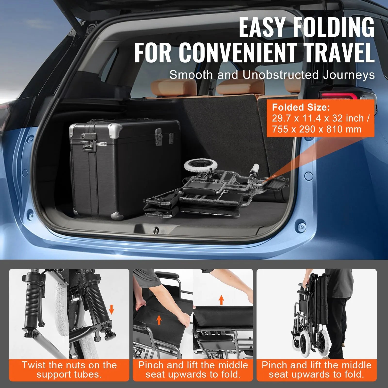 Wheelchair Steel Transport Chair Foldable Wheelchair 24-In W Seat 300lbs - Image 5