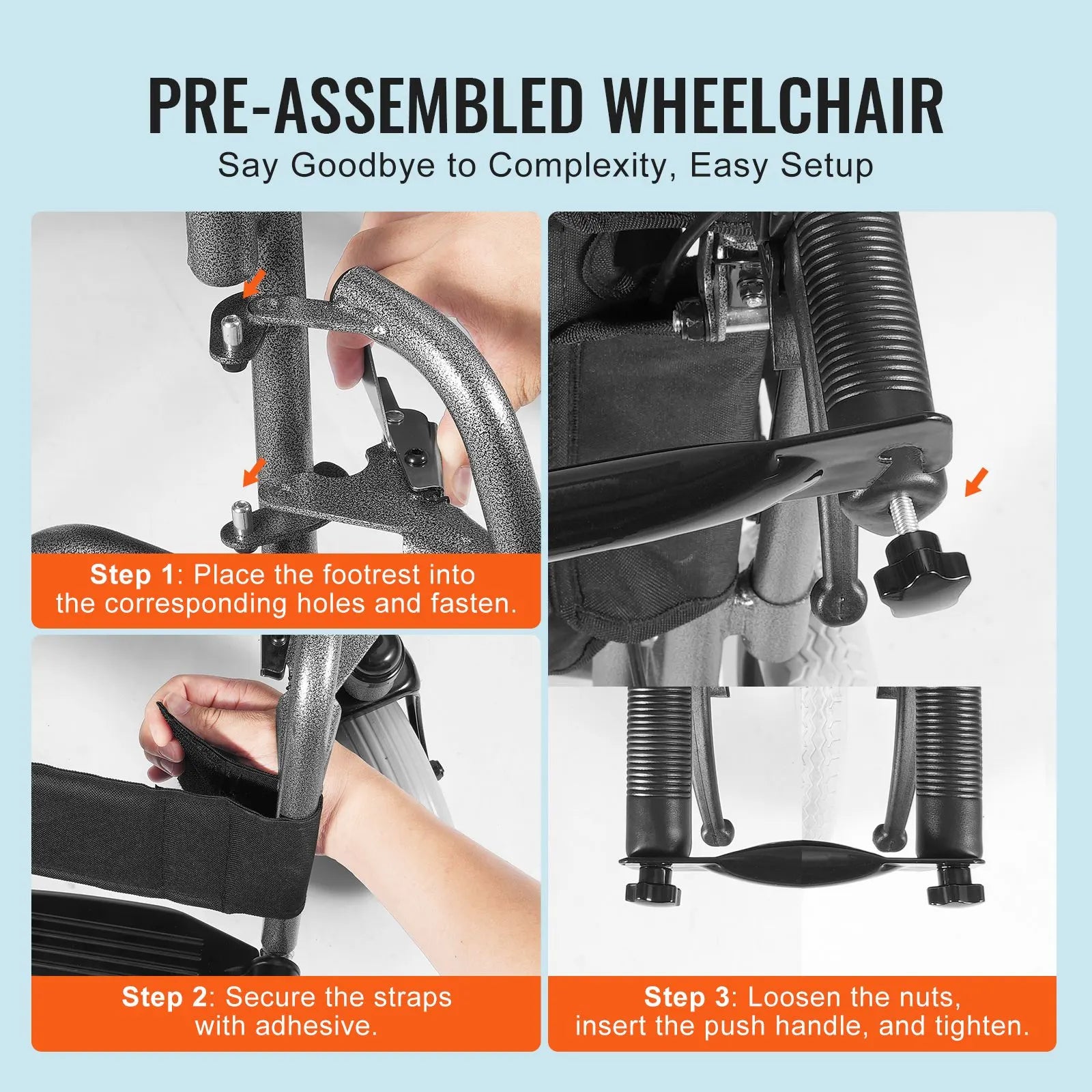 Wheelchair Steel Transport Chair Foldable Wheelchair 24-In W Seat 300lbs - Image 6