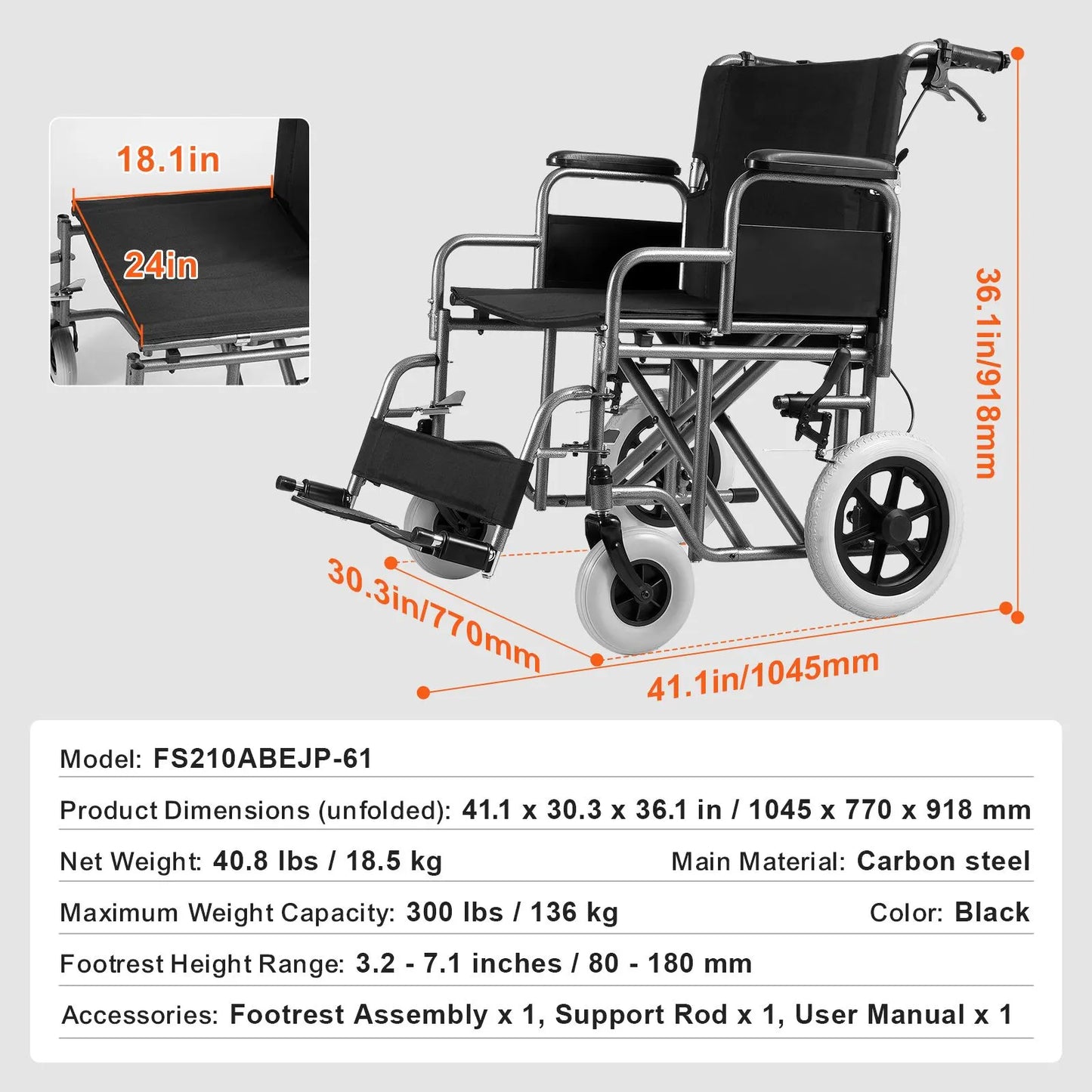 Wheelchair Steel Transport Chair Foldable Wheelchair 24-In W Seat 300lbs - Image 7