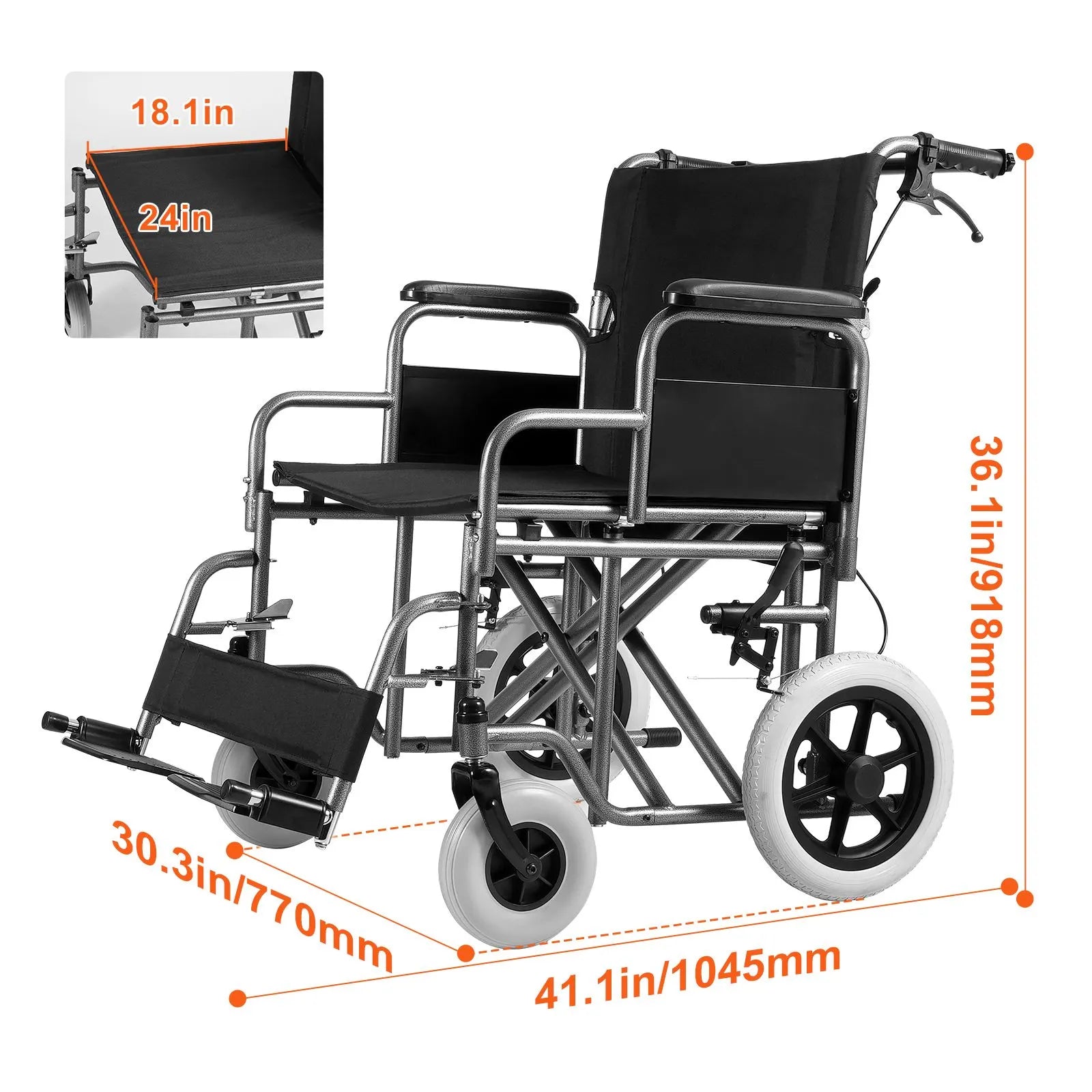 Wheelchair Steel Transport Chair Foldable Wheelchair 24-In W Seat 300lbs - Image 8