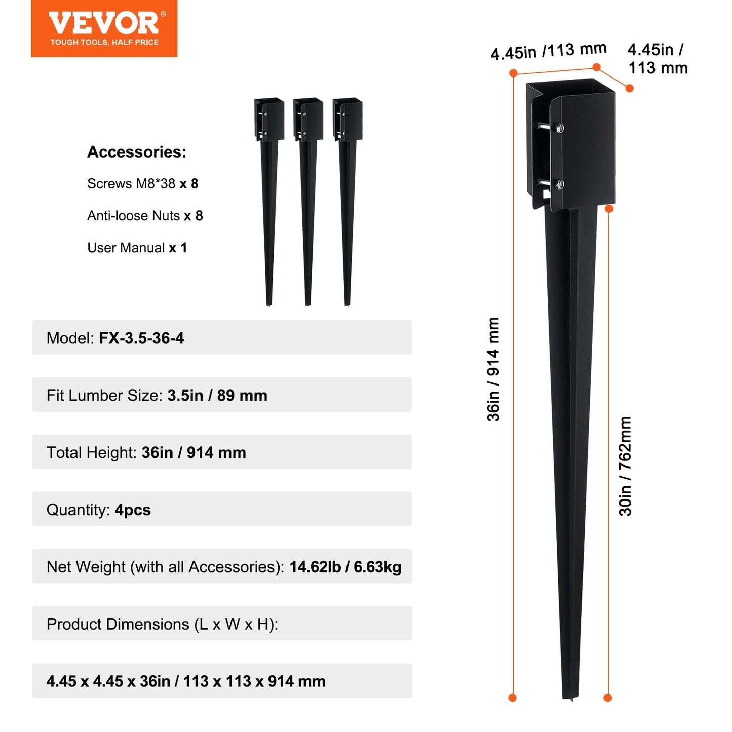 Fence Post Anchor Ground Spike 4 Pack 36 x 4 x 4 In Metal Fence Stakes - Image 7