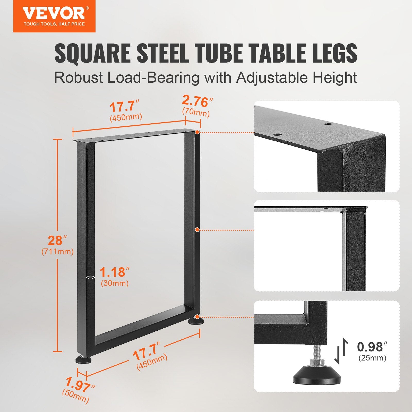 711.2MM Adjustable Furniture Legs, Square Reinforced Steel Office Table legs Set of 2 for DIY, Max Load 453.6KG Heavy Duty Desk Legs, Quick Instalation & Rich Accessories Legs Black - Image 2