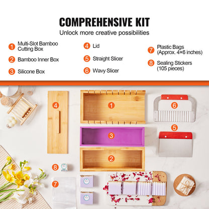 Soap Making Kit, Bamboo Cutting Box and Inner Box with Silicone Mold, Stainless Steel Straight Cutter and Wavy Cutter, 100 Bags and 105 Stickers, Soap Making Supplies DIY Kits for Adults - Image 3