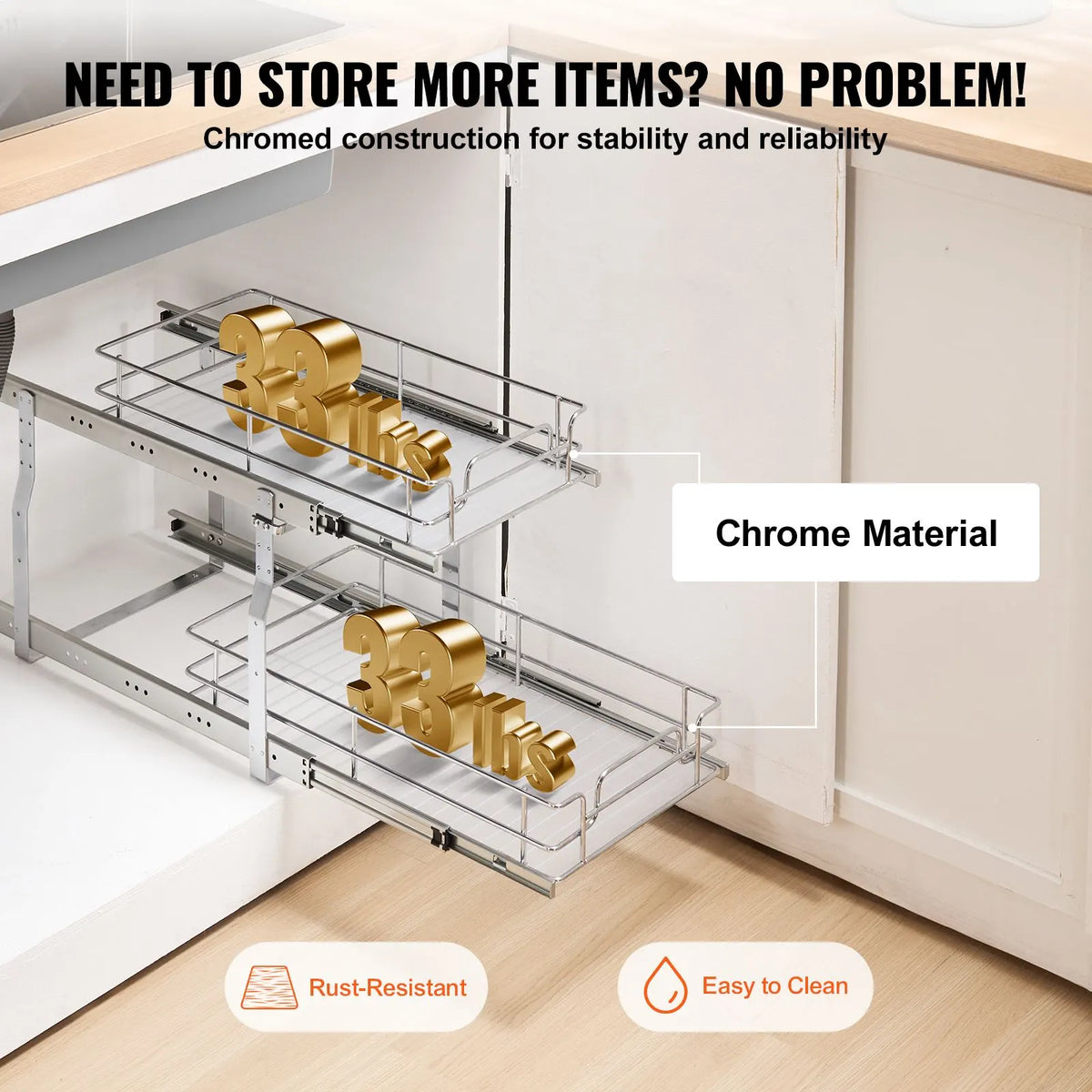 12"Wx21"Dx15"H Pull Out Cabinet Organizer, Heavy Duty Slide Out Pantry Shelves, Steel Roll Out Drawers, Sliding Drawer Storage for Home Under Sink, 13.5"Wx22"Dx18"H Install Size for Cabinet - Image 5