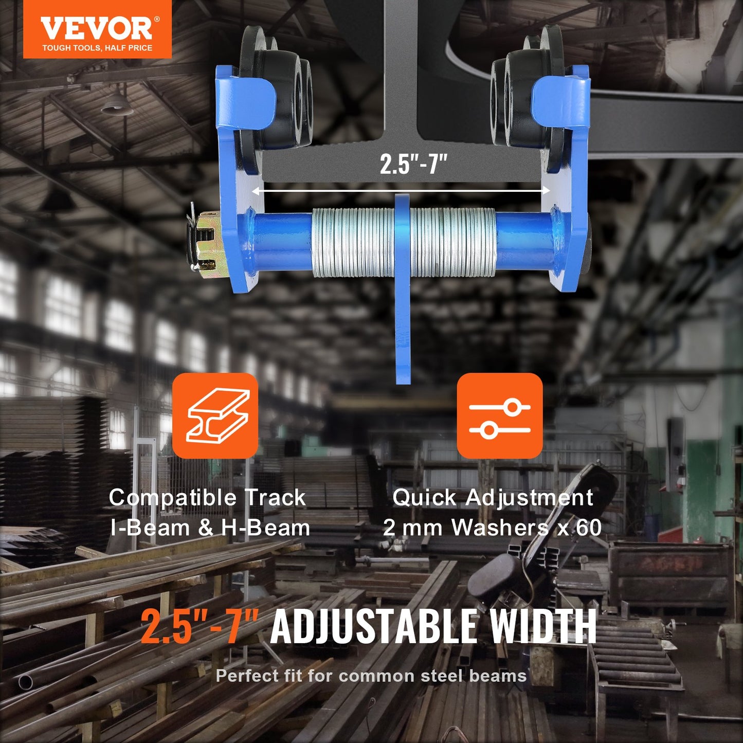Manual Trolley, 1 Ton Load Capacity, Push Beam Trolley with Dual Wheels, Adjustable for I-Beam Flange Width 63.5 mm to 177.8 mm, Heavy Duty Alloy Steel Garage Hoist for Straight Curved I Beam - Image 2
