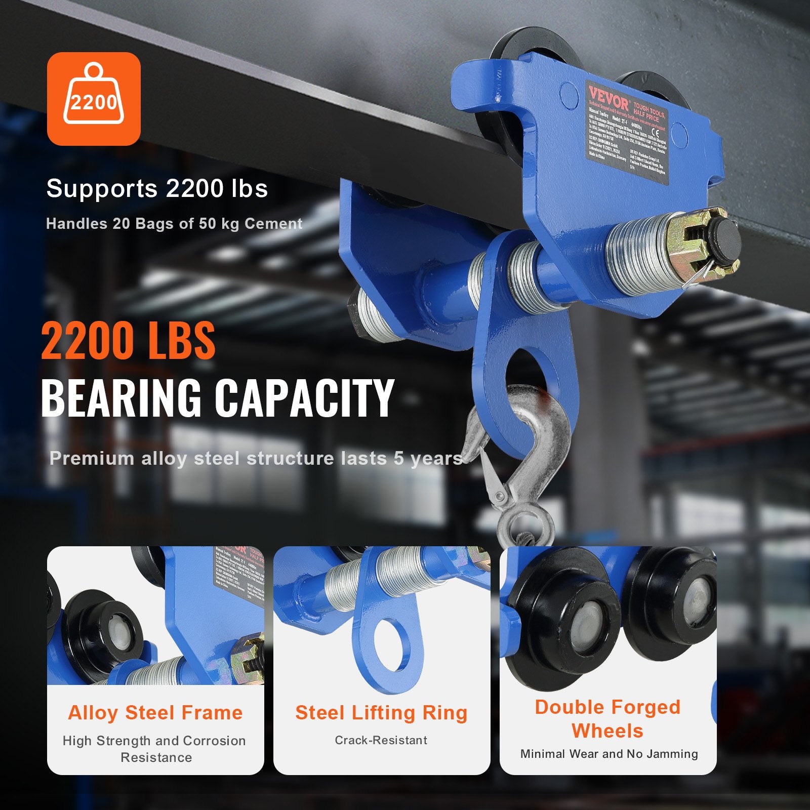 Manual Trolley, 1 Ton Load Capacity, Push Beam Trolley with Dual Wheels, Adjustable for I-Beam Flange Width 63.5 mm to 177.8 mm, Heavy Duty Alloy Steel Garage Hoist for Straight Curved I Beam - Image 3