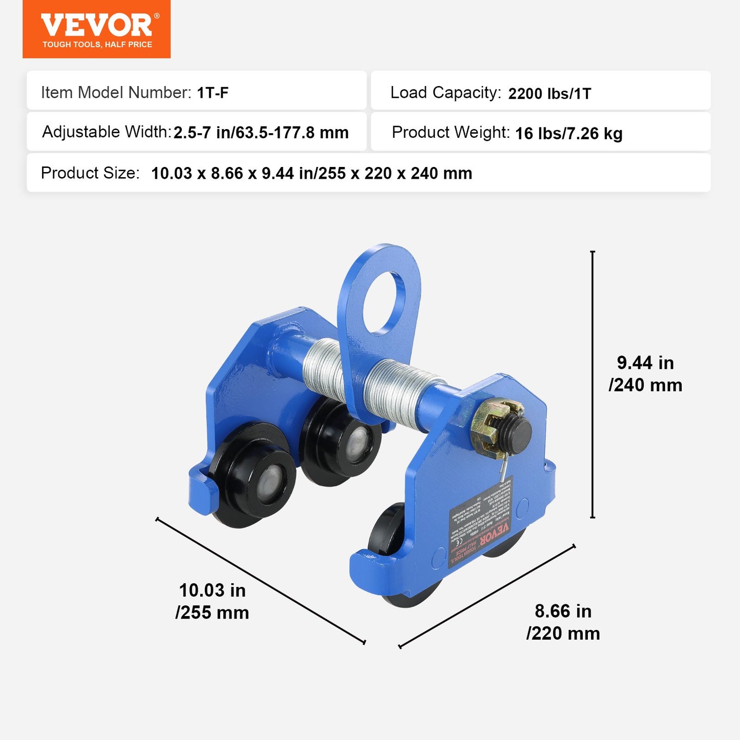 Manual Trolley, 1 Ton Load Capacity, Push Beam Trolley with Dual Wheels, Adjustable for I-Beam Flange Width 63.5 mm to 177.8 mm, Heavy Duty Alloy Steel Garage Hoist for Straight Curved I Beam - Image 7