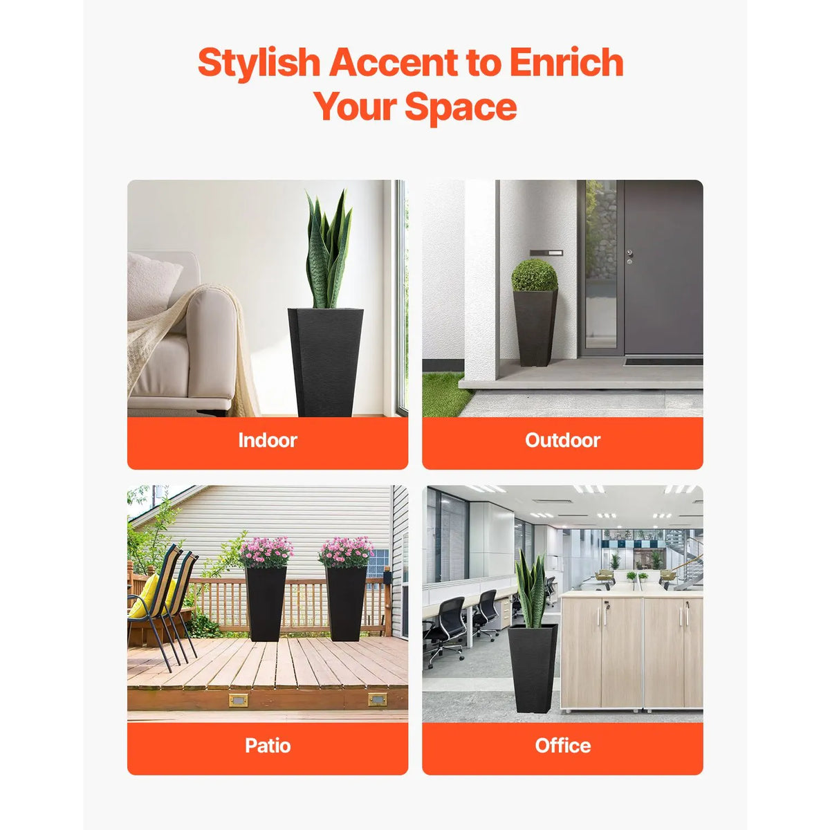 Tall Planter, Set of 2 Tall Square Tapered Planters, 57 cm Large Modern Gardening and Flower Plastic Pots, Decorative Tall Black Planter with Drainage Hole, for Porch, Patio, Indoor & Outdoor - Image 5