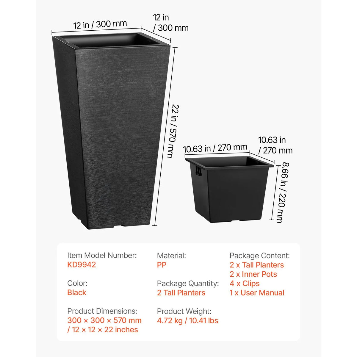 Tall Planter, Set of 2 Tall Square Tapered Planters, 57 cm Large Modern Gardening and Flower Plastic Pots, Decorative Tall Black Planter with Drainage Hole, for Porch, Patio, Indoor & Outdoor - Image 7