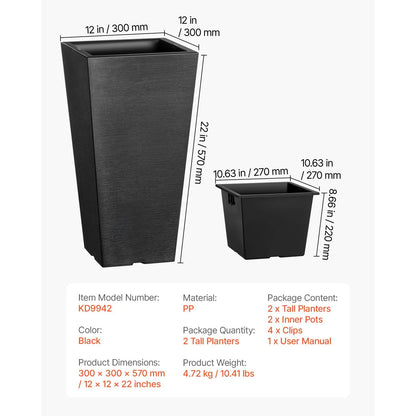 Tall Planter, Set of 2 Tall Square Tapered Planters, 57 cm Large Modern Gardening and Flower Plastic Pots, Decorative Tall Black Planter with Drainage Hole, for Porch, Patio, Indoor & Outdoor - Image 7