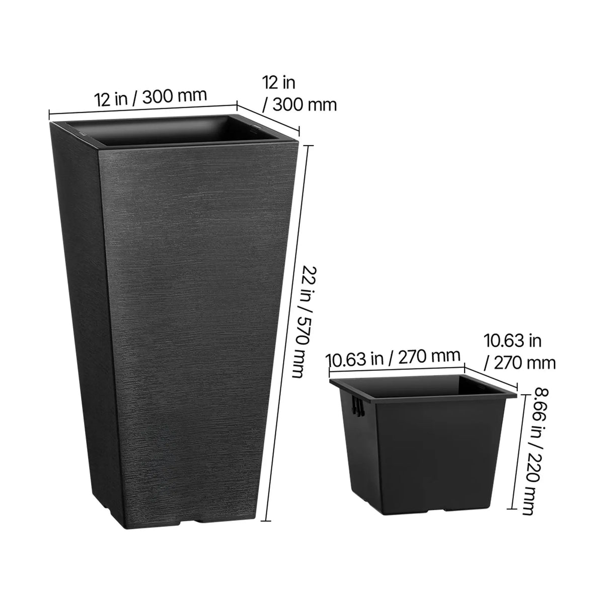 Tall Planter, Set of 2 Tall Square Tapered Planters, 57 cm Large Modern Gardening and Flower Plastic Pots, Decorative Tall Black Planter with Drainage Hole, for Porch, Patio, Indoor & Outdoor - Image 8