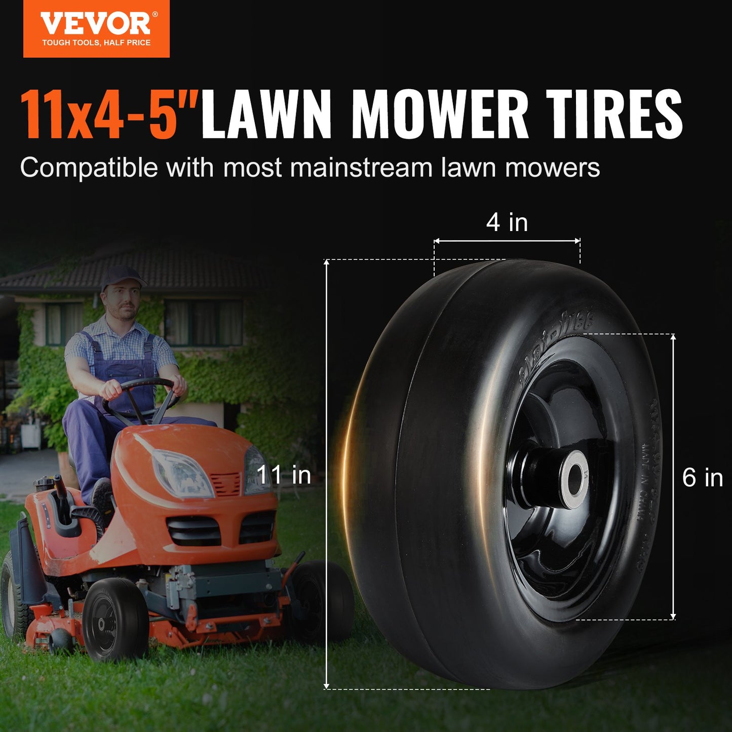 Lawn Mower Tires with Rim, 11x4-7" Tubeless Tractor Tires, 2-Pack Tire and Wheel Assemby, Flat-free PU Tire, 3.4" Centered Hub, 3/4" Bushing Size, 20 PCS Adapters for Riding Mowers Lawn Tractors - Image 2
