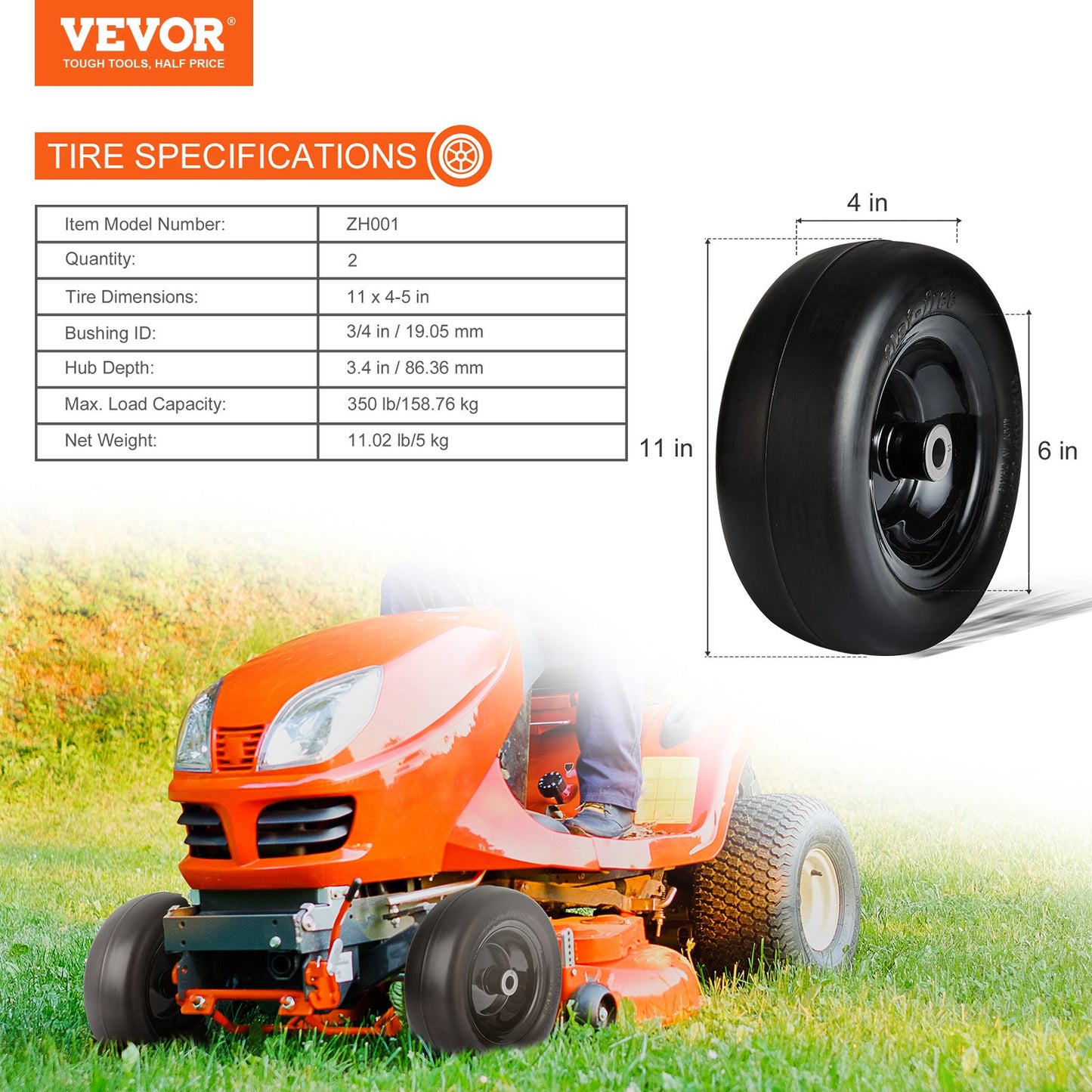 Lawn Mower Tires with Rim, 11x4-7" Tubeless Tractor Tires, 2-Pack Tire and Wheel Assemby, Flat-free PU Tire, 3.4" Centered Hub, 3/4" Bushing Size, 20 PCS Adapters for Riding Mowers Lawn Tractors - Image 7