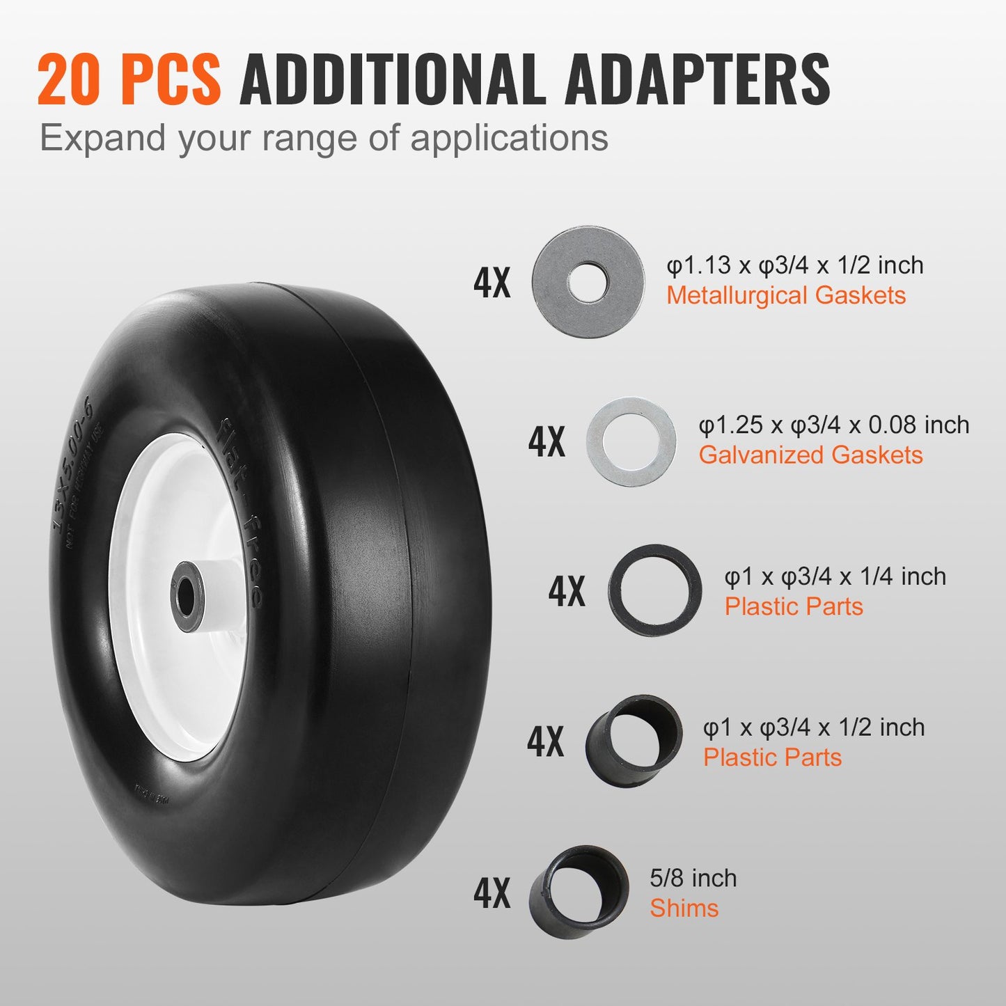 Lawn Mower Tires with Rim, 13x5-6" Tubeless Tractor Tires, 2-Pack Tire and Wheel Assembly, Flat-free PU Tires, 3.25"-5.9" Centered Hub, 3/4" Bushing Size, 20 PCS Adapter for Lawn Mowers Tractors - Image 6